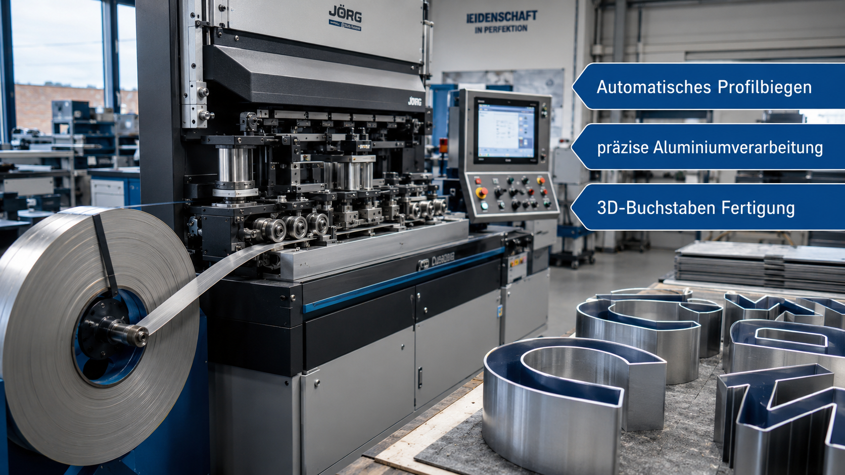Industrielle Biegemaschine mit Aluminiumrolle links und gefertigten 3D-Buchstaben aus Metall auf Arbeitstisch rechts, blaue Infofelder mit Leistungsangeboten