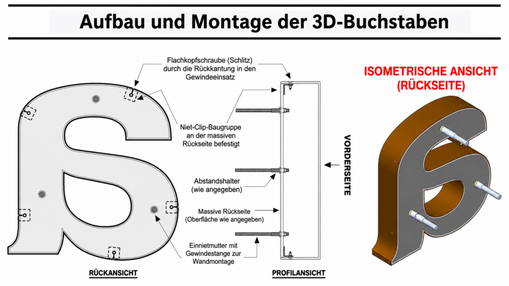 Technische Zeichnung zur Montage von 3D-Buchstaben mit Rückansicht, Profilansicht und isometrischer Rückseitenansicht, Beschriftungen zu Niet-Clips, Abstandshaltern und Gewindestangen.