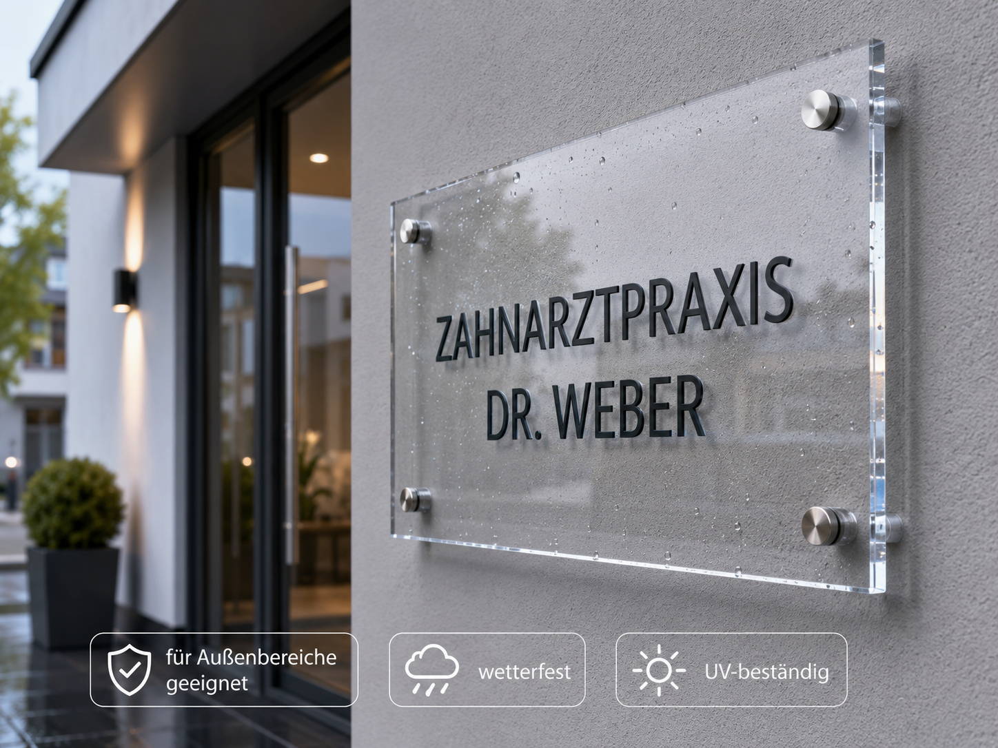 Glas-Hausschild mit der Aufschrift Zahnarztpraxis Dr. Weber an einer modernen Gebäudefassade; unten Piktogramme für außengeeignet, wetterfest und UV-beständig