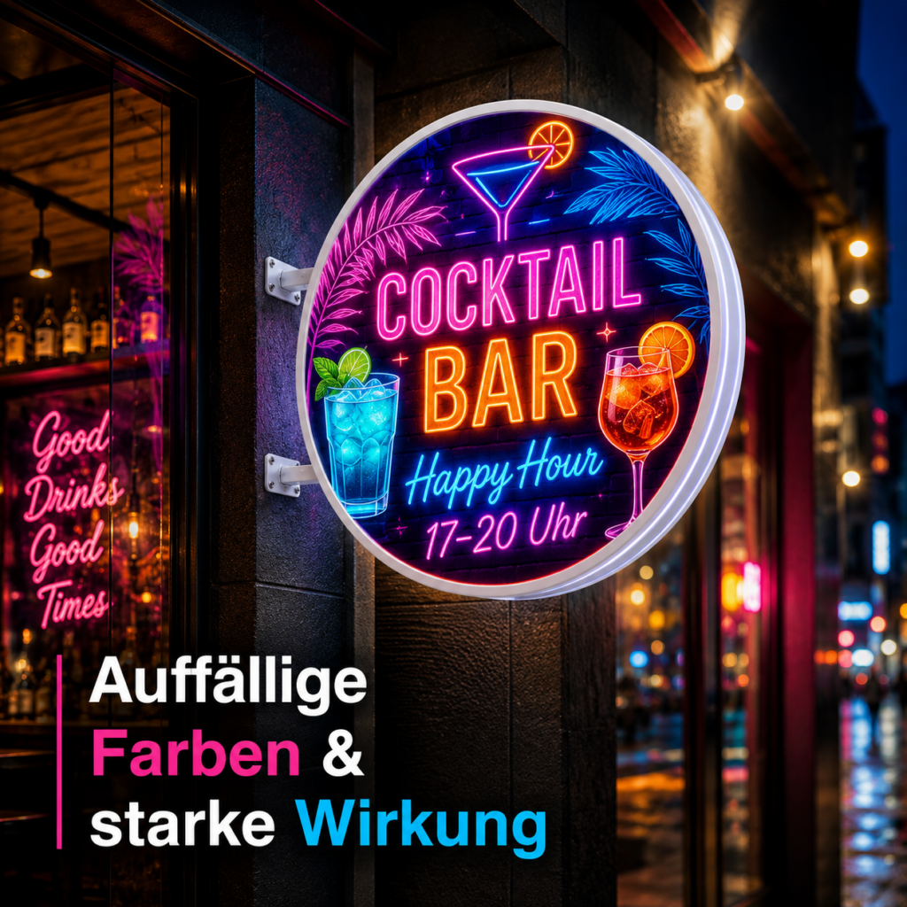 Rundes neonbeleuchtetes Schild mit Schrift „Cocktail Bar“, zwei Cocktail-Illustrationen und Happy Hour–Zeiten, leuchtende Farben vor Barfassade bei Nacht.