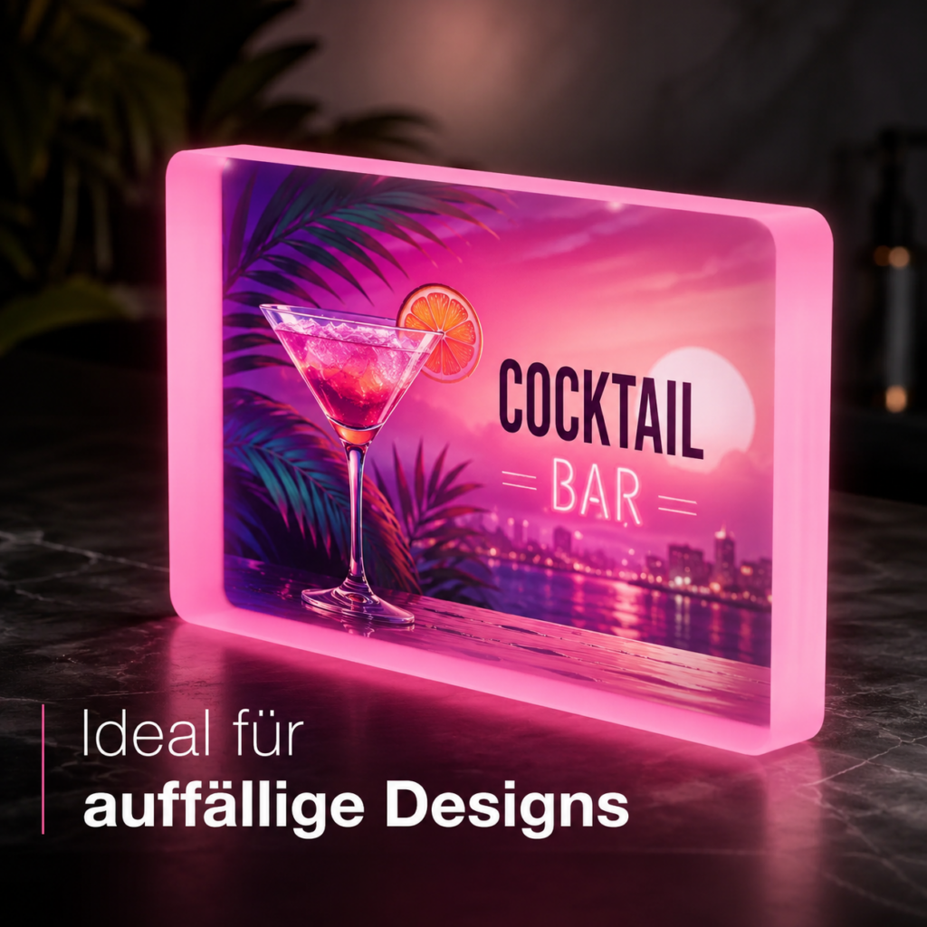Leuchtender pinker Acrylrahmen mit Cocktailglas und Schriftzug "COCKTAIL BAR", darunter Text "Ideal für auffällige Designs".
