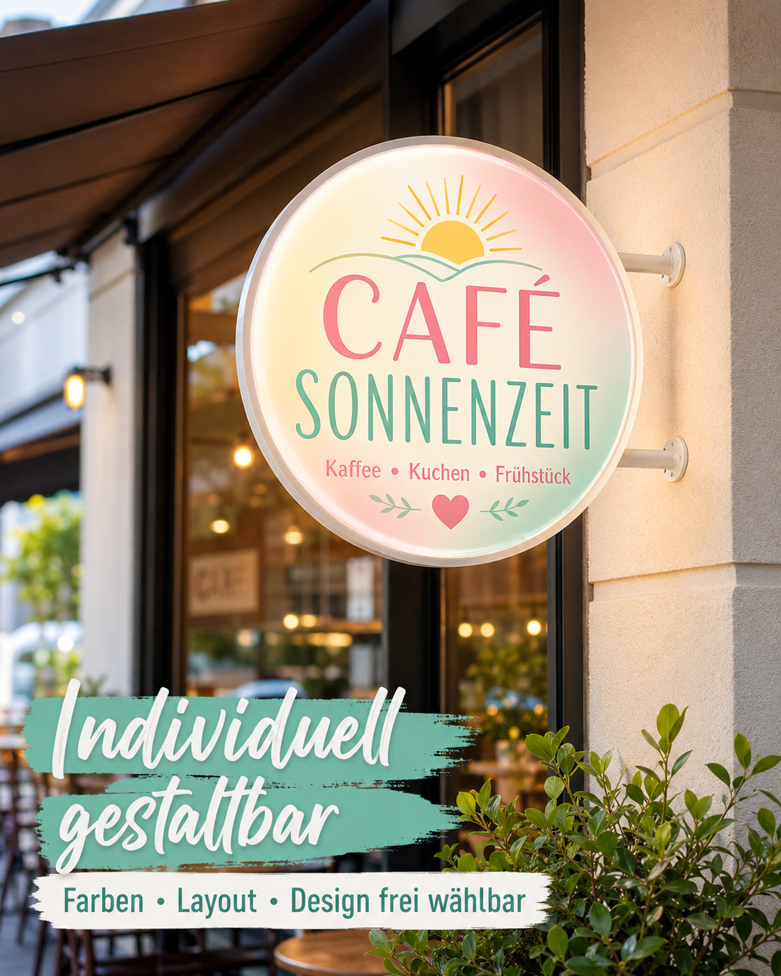 Rundes Schild an Café-Fassade mit Sonnenlogo und Schrift „CAFÉ SONNENZEIT – Kaffee • Kuchen • Frühstück“, darunter Textbanner „Individuell gestaltbar, Farben · Layout · Design frei wählbar“.