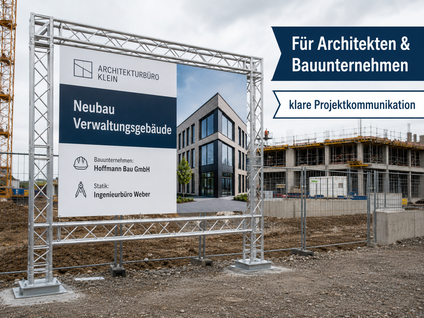 Baustellenschild mit Entwurfsbild eines modernen Bürogebäudes und Text "Neubau Verwaltungsgebäude", Bauunternehmen und Statikangaben.