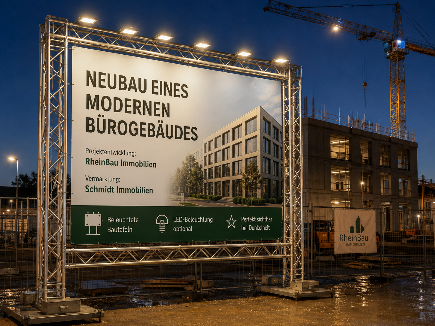 Großes beleuchtetes Bauplakat mit Rendering eines modernen Bürogebäudes und Text zur Projektentwicklung von RheinBau Immobilien.