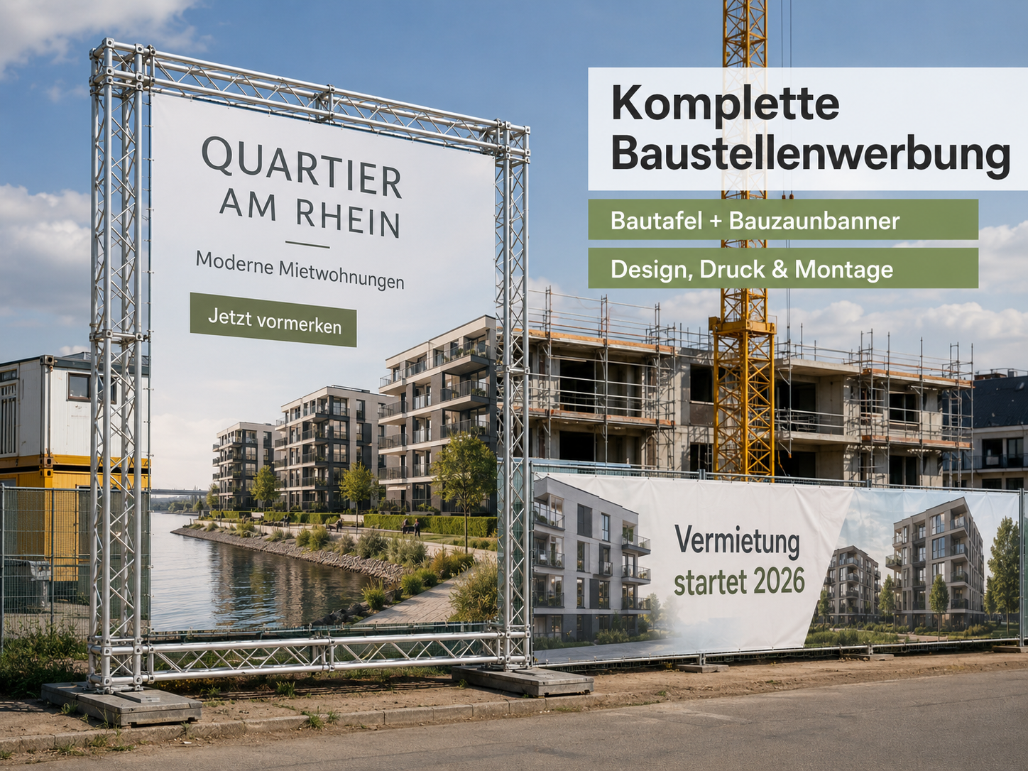 Große Baustellenwerbung mit zwei Bannern: links großes Werbeplakat "Quartier am Rhein" über Wasserpromenade, rechts Bauzaunbanner "Vermietung startet 2026" vor Rohbau und Baukran.