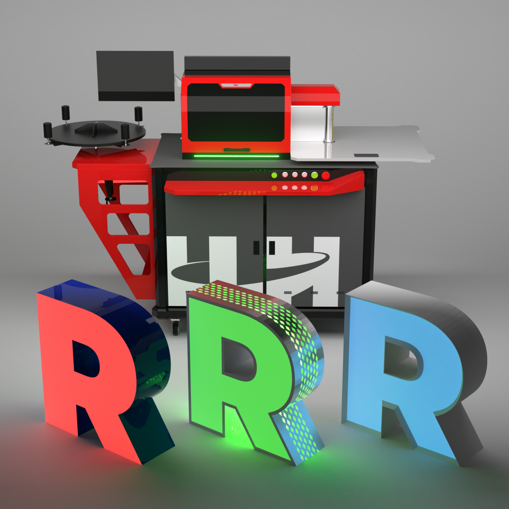 Drei leuchtende 3D-Buchstaben R in Rot, Grün und Blau vor einer futuristischen roten und schwarzen Maschine mit Monitor und Bedienfeld.