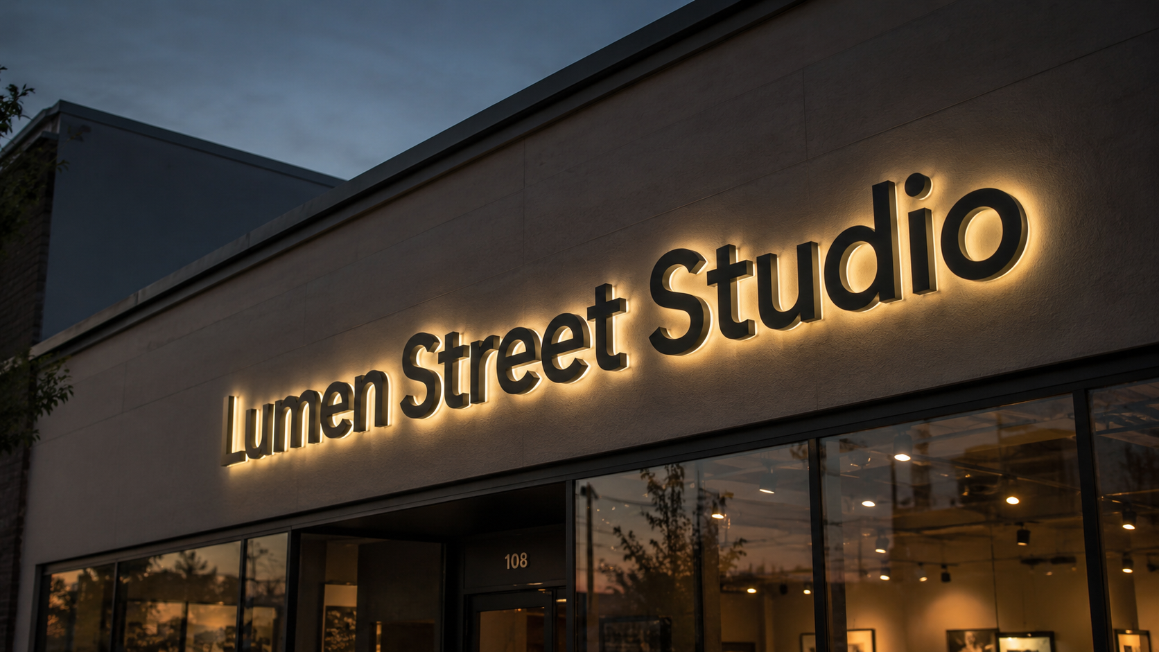 Leuchtende Fassade mit dem Schriftzug "Lumen Street Studio" in warmem Backlight über großen Schaufenstern bei Dämmerung.