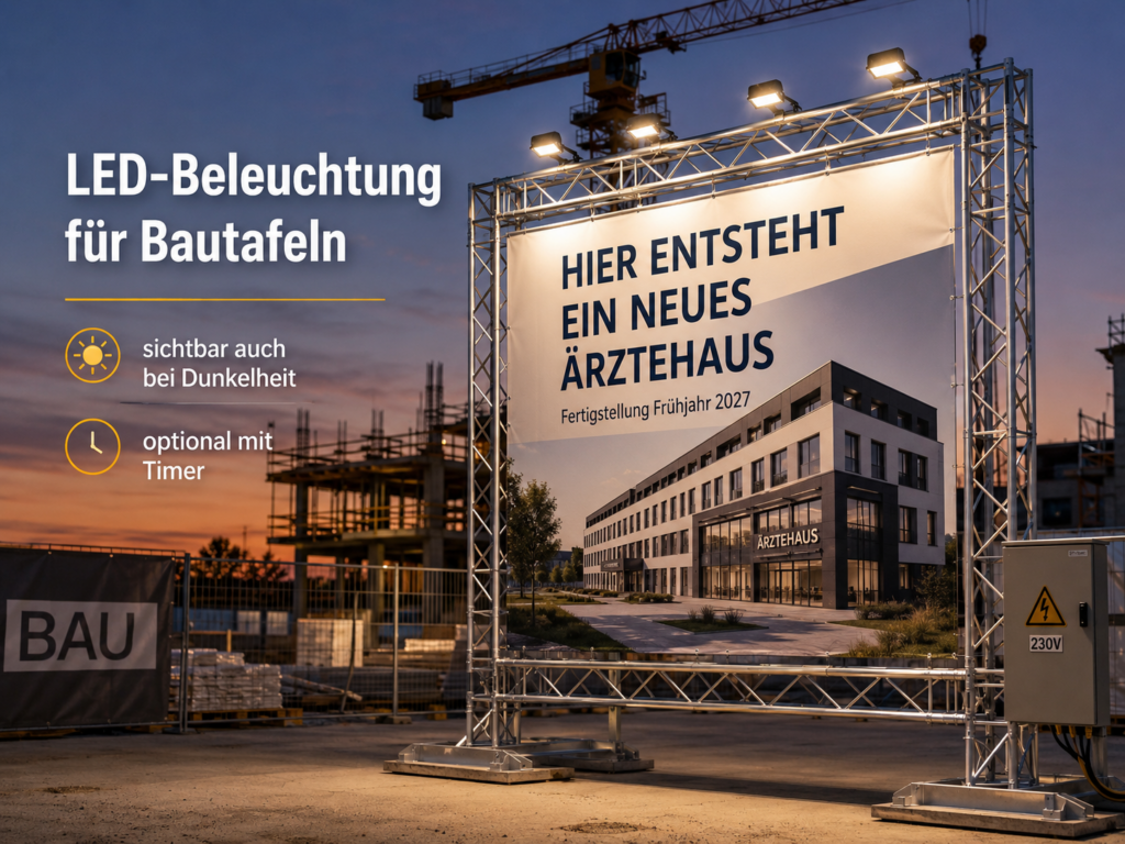Großes beleuchtetes Bautafel-Rahmen mit Werbeplanen für ein neues Ärztehaus, Baukran und Baustelle im Dämmerlicht.