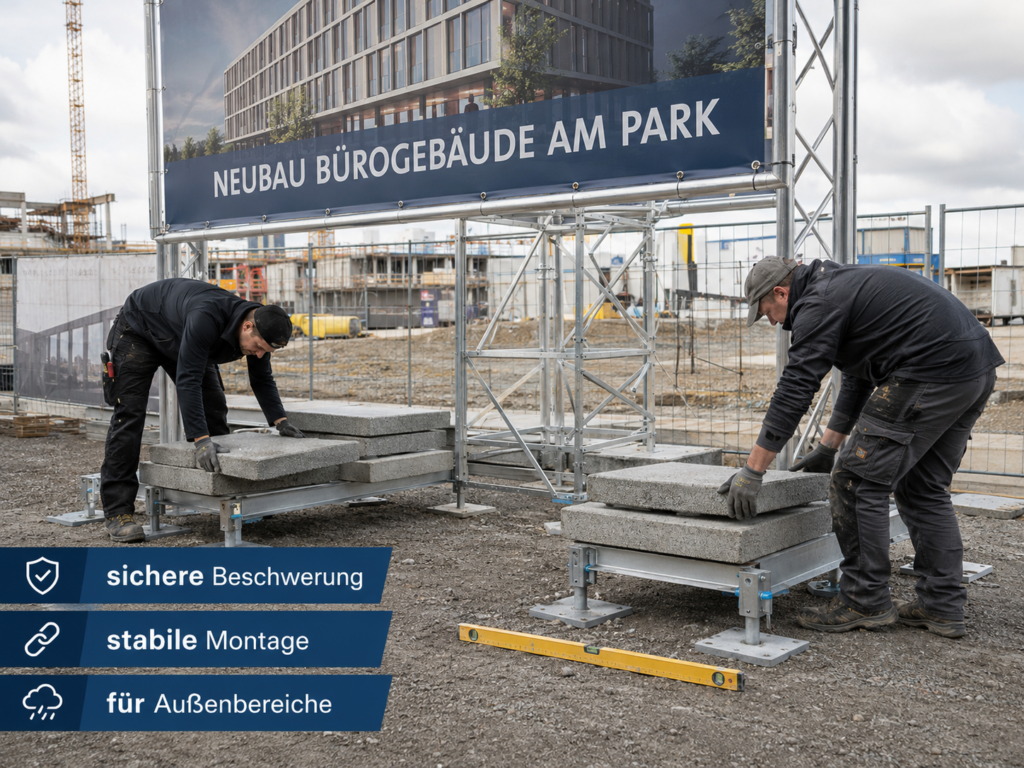 Zwei Bauarbeiter platzieren schwere Betonplatten als Beschwerung an einem Gerüst vor einer Baustelle mit Banner "Neubau Bürogebäude am Park".