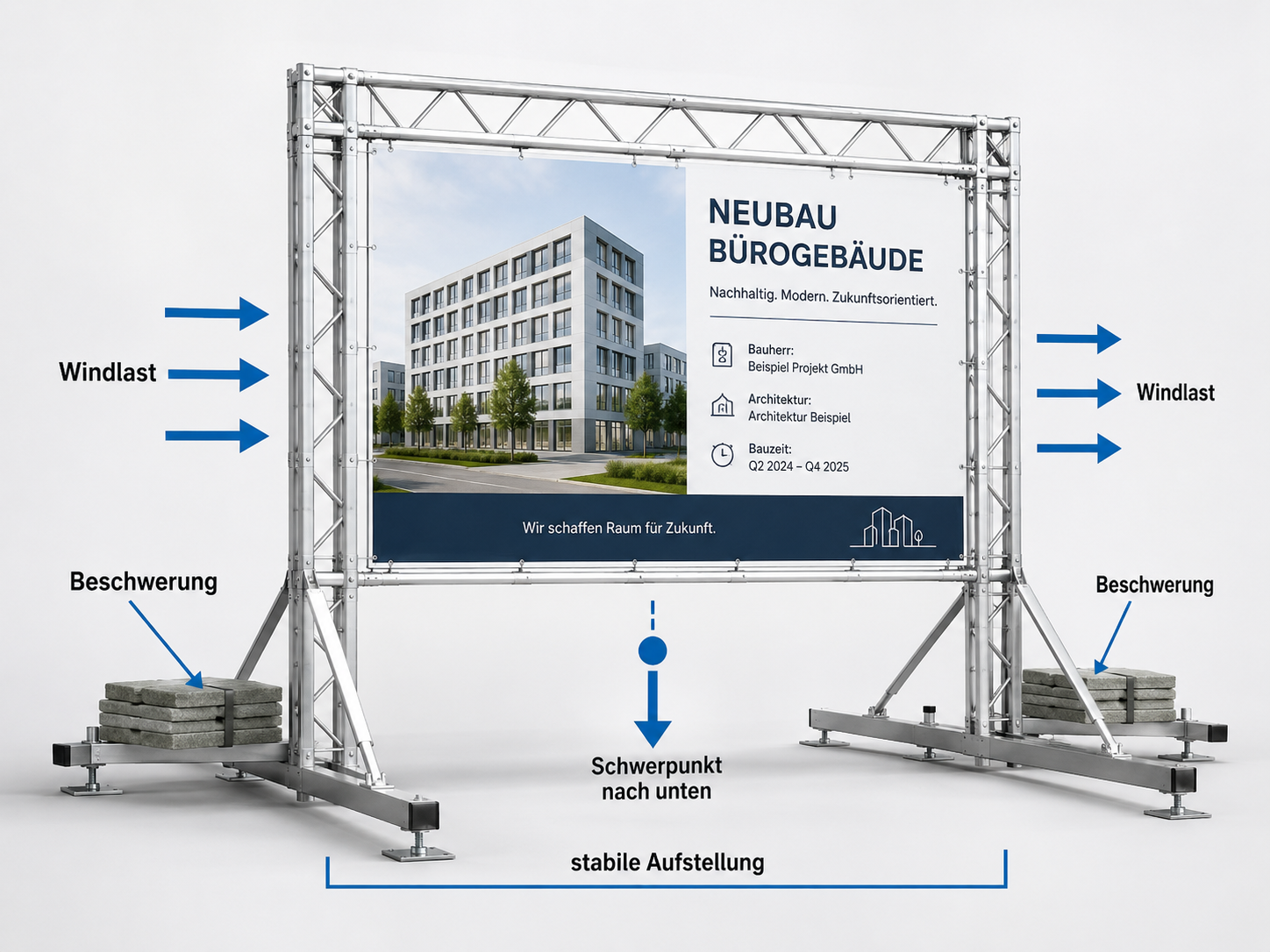 Großes Bauplakat mit Rendering eines modernen Bürogebäudes in einem Metallgestell, Pfeile zeigen Windlast, Betongewichte an den Ständern und Hinweis auf tiefen Schwerpunkt für stabile Aufstellung.
