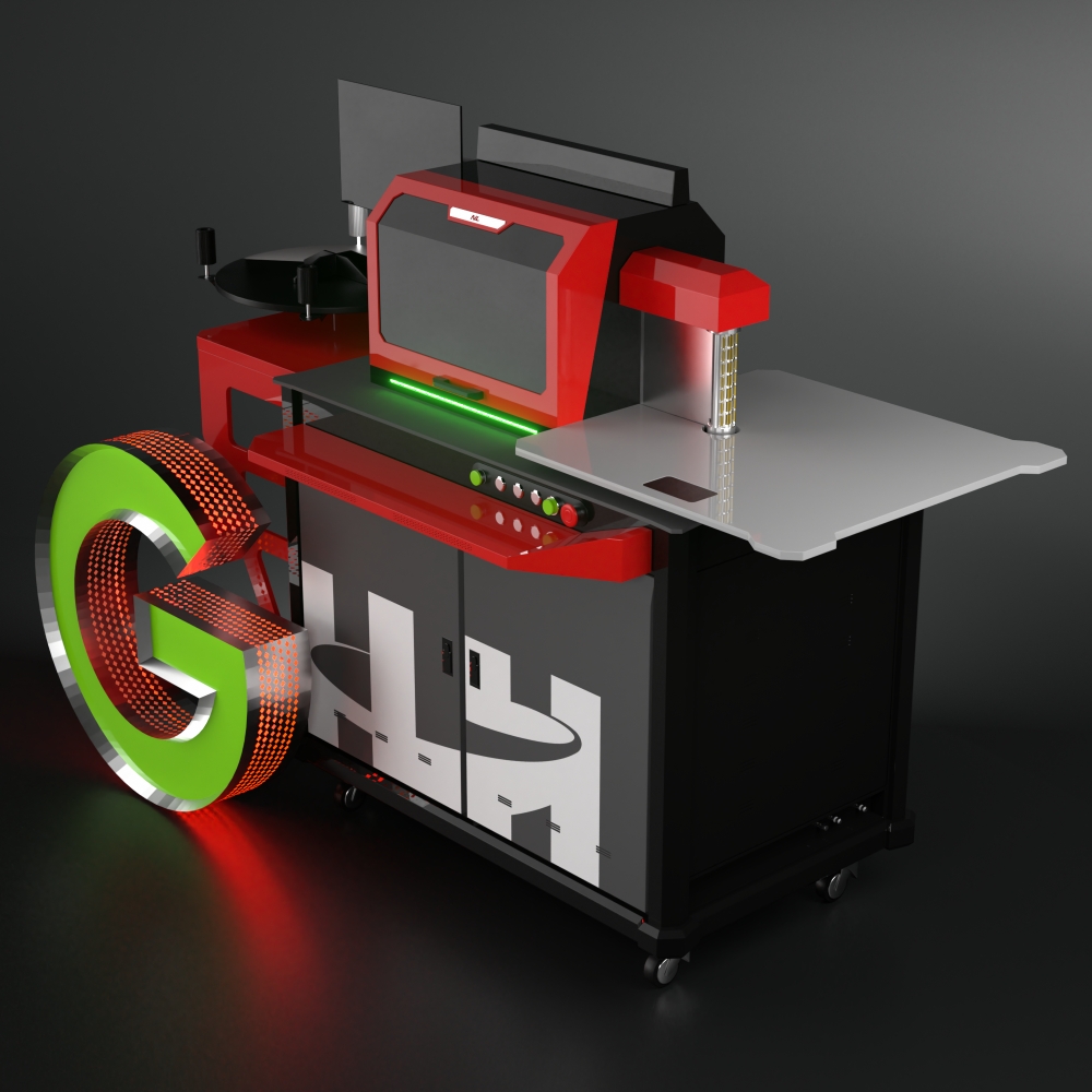 Rotes und schwarzes Industriegerät oder 3D-Drucker-ähnliche Maschine auf Rollen mit großem grünen Buchstaben G neben einer Silberarbeitsfläche und Display.