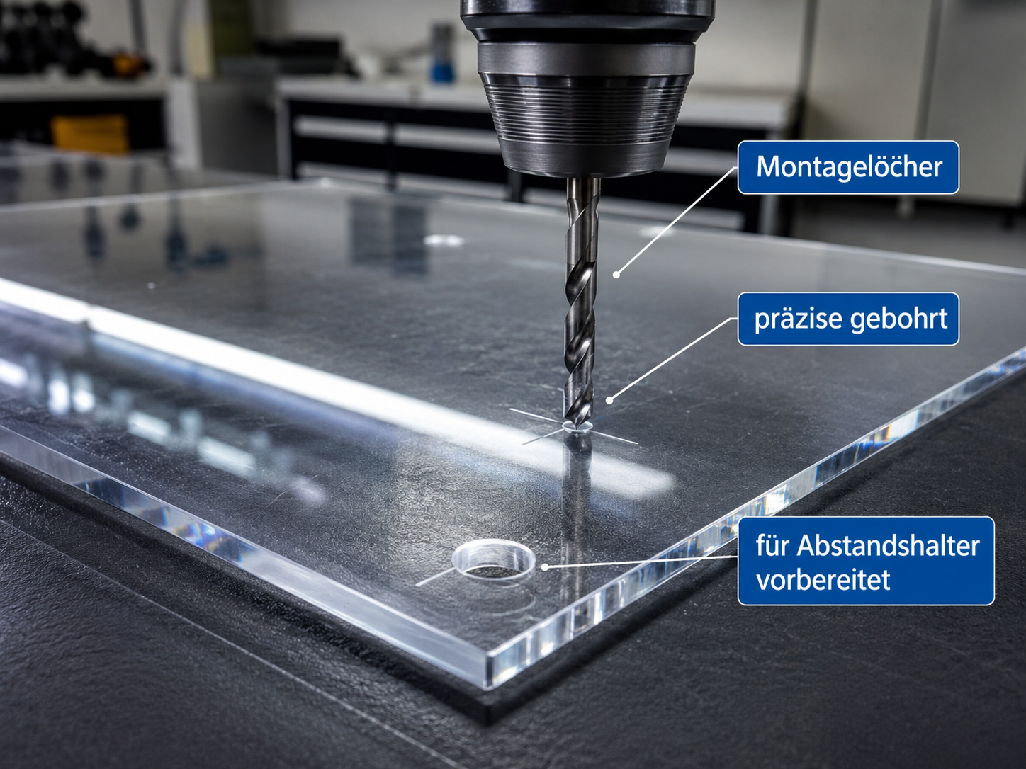 Bohrer setzt präzise Montagelöcher in eine transparente Platte; Markierungen zeigen Abstandshalter-Bohrungen