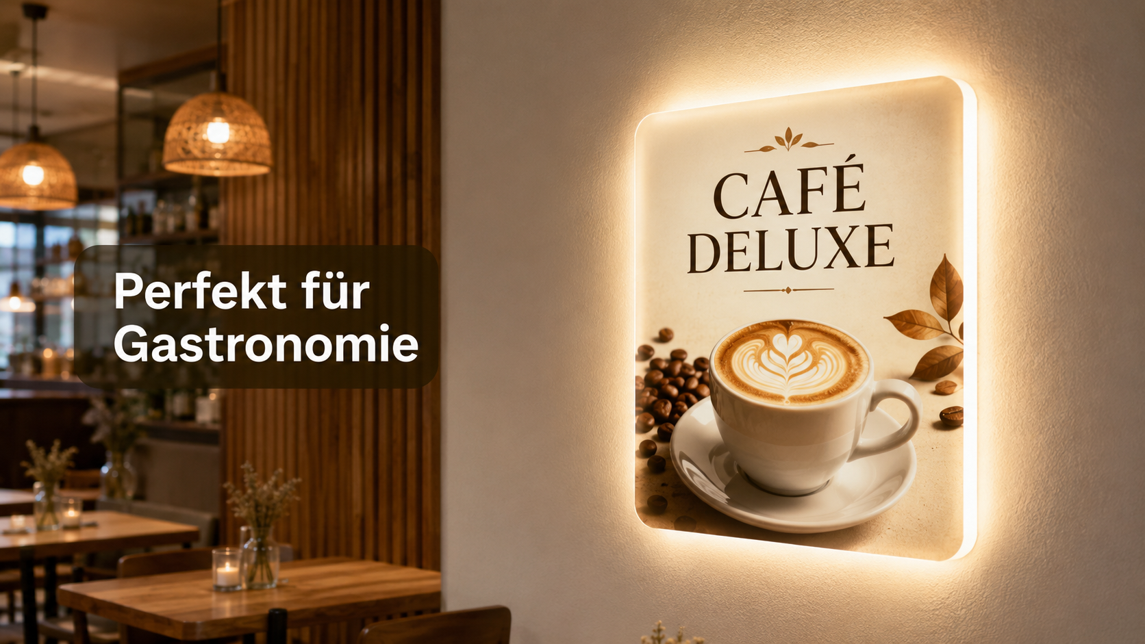 Leuchtendes Wandbild mit Aufschrift "Café Deluxe" und einer Tasse Latte Art, links Textfeld „Perfekt für Gastronomie“ und gemütliches Café-Interieur.