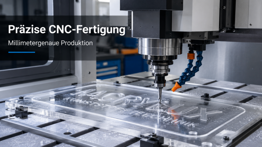 CNC-Fräsmaschine bearbeitet eine klare Acrylplatte mit eingraviertem Text, Nahaufnahme von Fräskopf und Kühlschlauch.