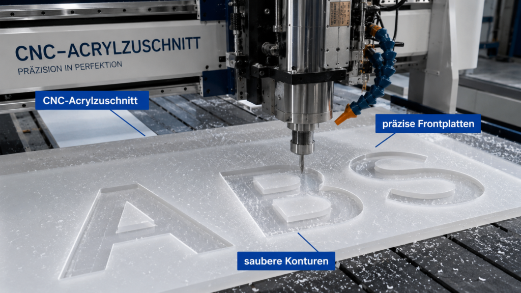 CNC-Fräse, die Buchstaben aus einer Acrylplatte ausfräst, mit Spänen und Beschriftungen wie "CNC-Acrylzuschnitt" und "saubere Konturen".