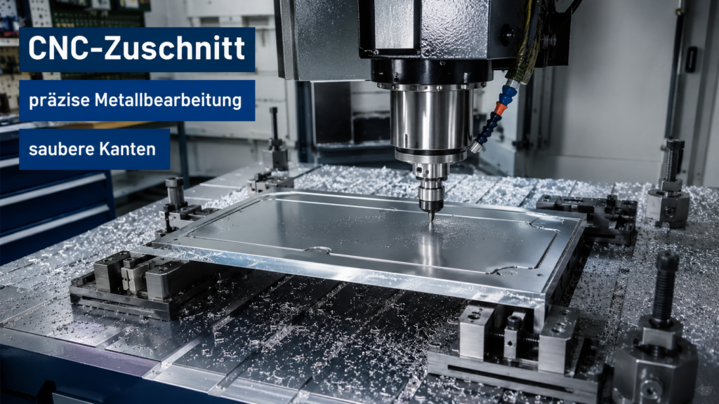 CNC-Fräse bearbeitet ein Metallblech auf einem Maschinentisch, Späne und Werkstückspannvorrichtungen sichtbar, blaue Werbebanner mit Text.