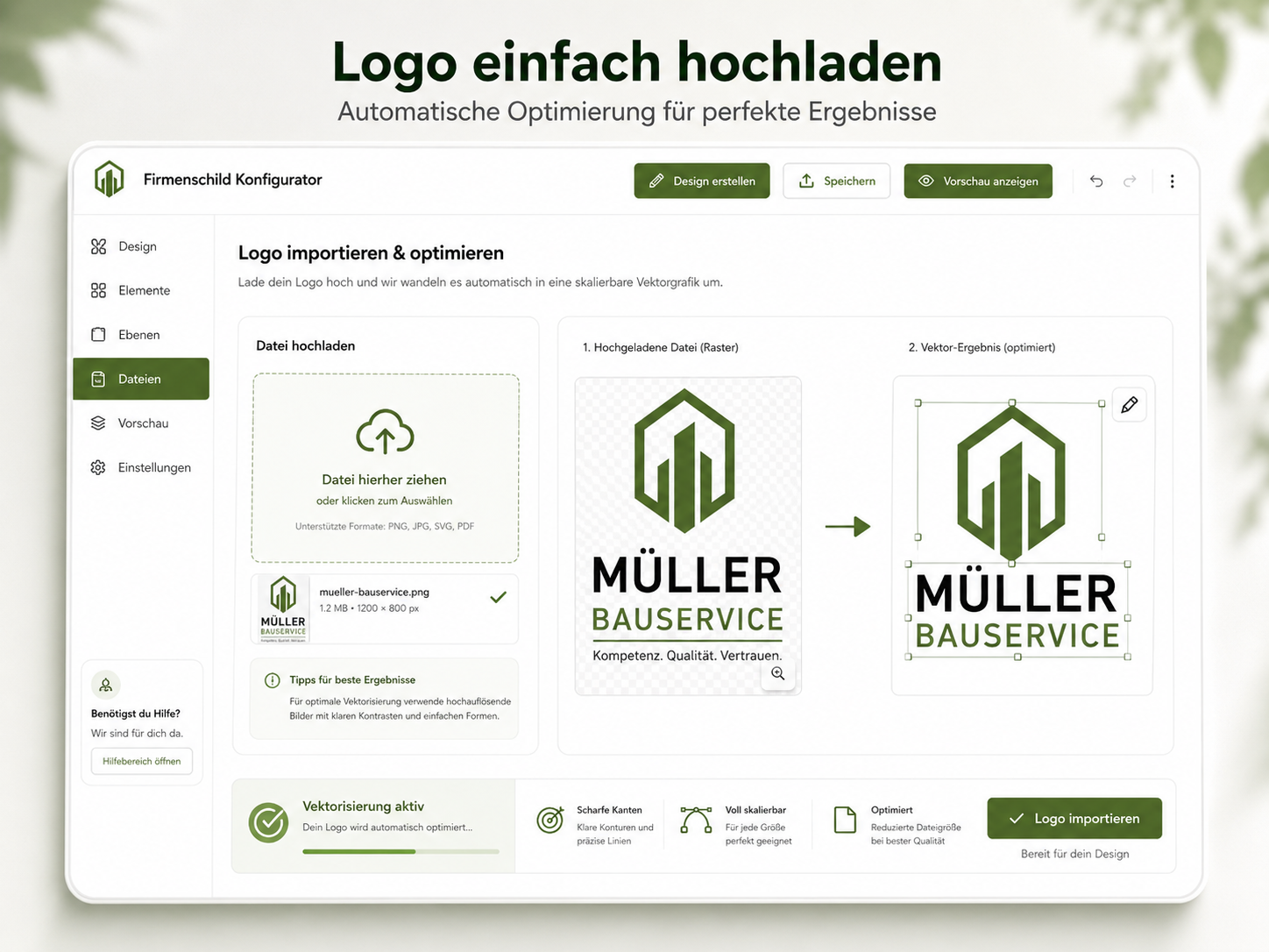 Screencapture eines Logo-Upload- und Vektorisierungs-Interfaces mit Beispiellogo "MÜLLER BAUSERVICE" und Vorschau des optimierten Vektorlogos.