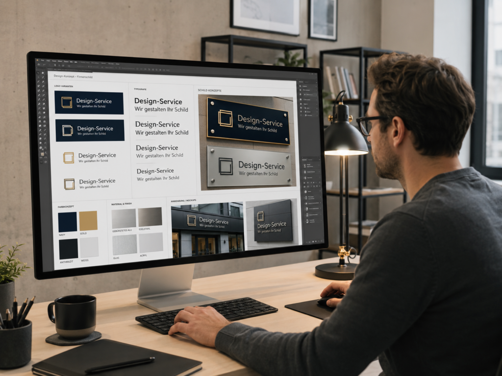 Mann am Schreibtisch entwirft auf großem Monitor Logos und Schilddesigns mit Schriftproben und Materialmustern.