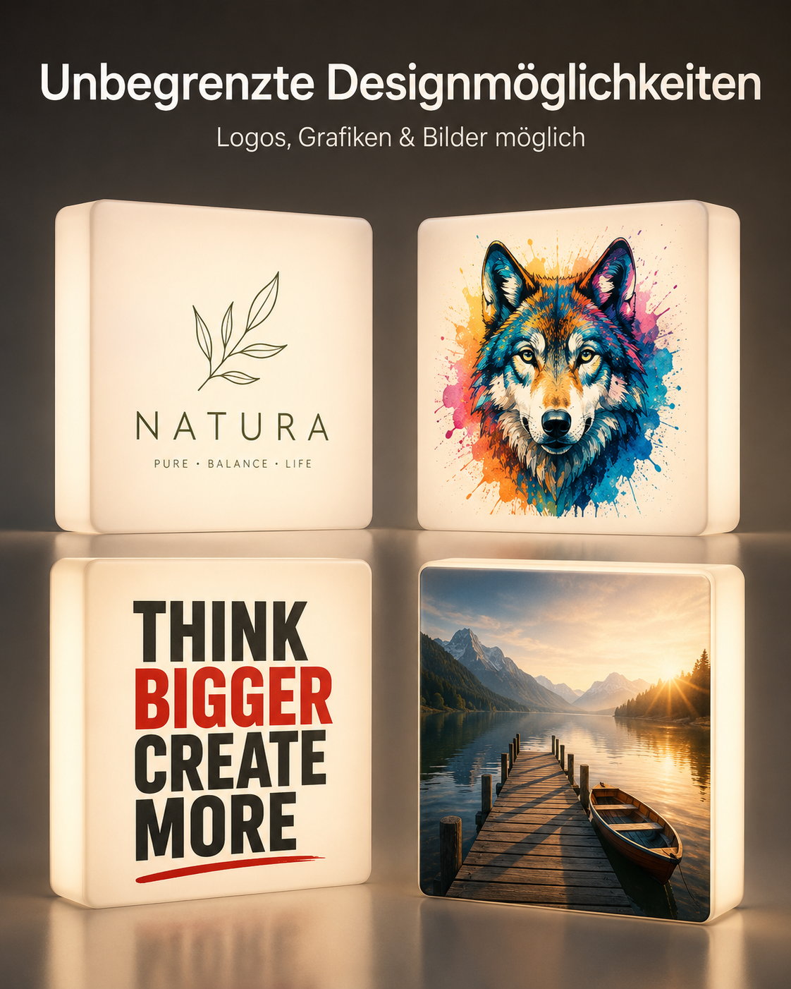 Vier leuchtende quadratische Poster: oben links schlichtes Blatt-Logo mit Schrift NATURA, oben rechts bunter Aquarell-Wolf, unten links Text "THINK BIGGER CREATE MORE", unten rechts Holzsteg und Ruderboot vor Bergsee bei Sonnenaufgang.
