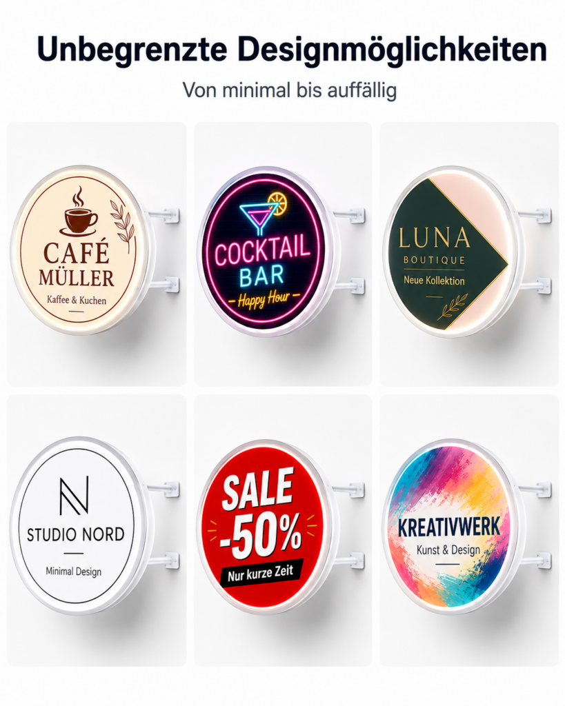 Sechs runde Leuchtschilder an weißer Wand: Café Müller (beige), Cocktail Bar (Neon), Luna Boutique (dunkelgrün/rosa), Studio Nord (minimal), SALE -50% (rot) und Kreativwerk (bunt)