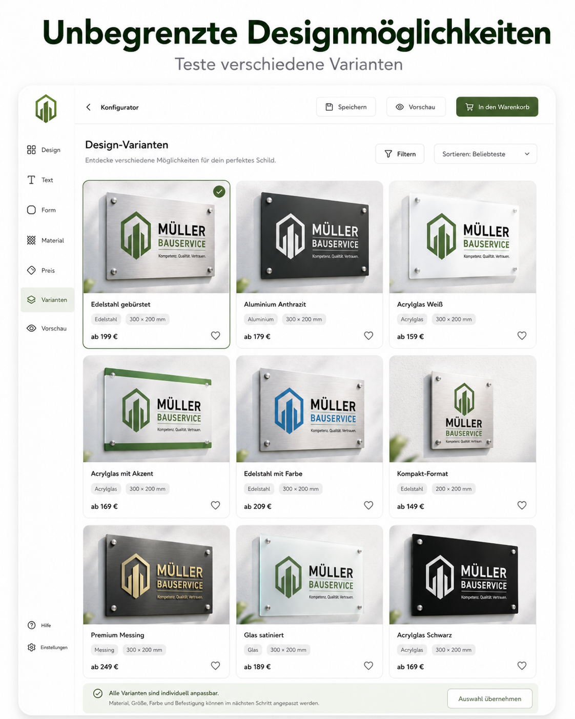 Webseite mit Konfigurator für Schild-Designs, Raster mit neun Produktkacheln (verschiedene Materialien, Preise und Müller Bauservice-Logos).