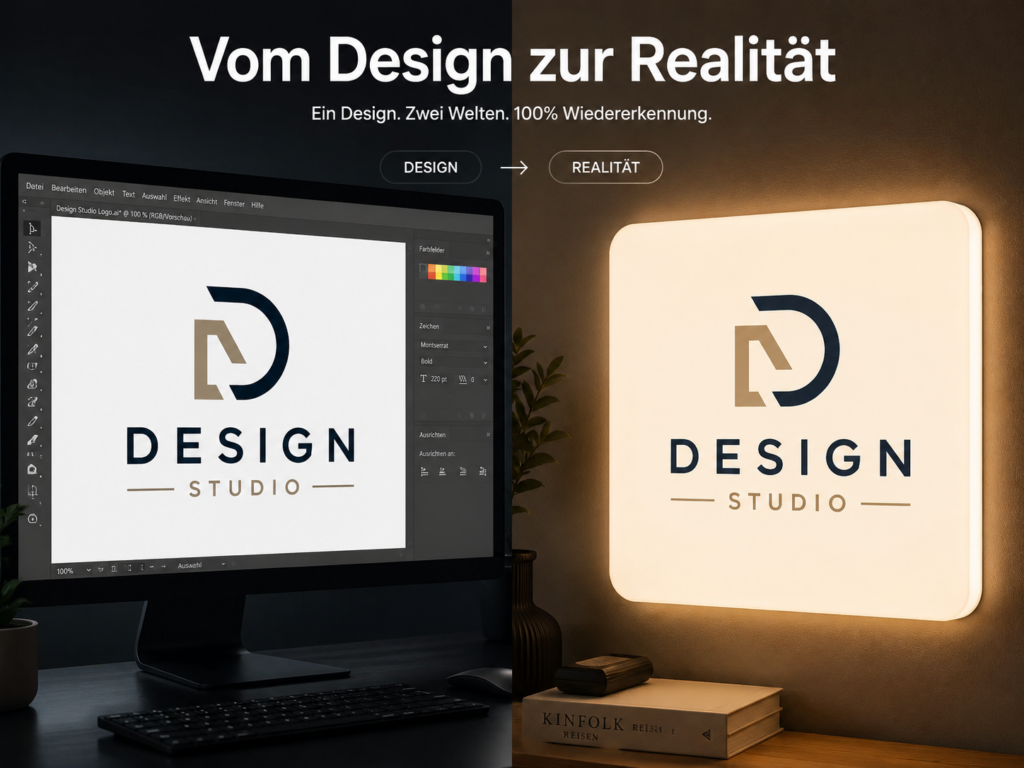 Geteiltes Bild: links Monitor mit Logodesign "Design Studio" in Grafikprogramm, rechts leuchtendes Wandpanel mit demselben Logo und Büroumgebung.