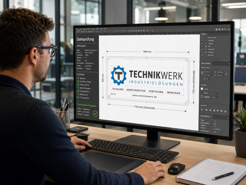 Mann am Schreibtisch betrachtet auf großem Monitor ein Grafiklayout mit Logo und Maßangaben für "TECHNIKWERK Industrielösungen".