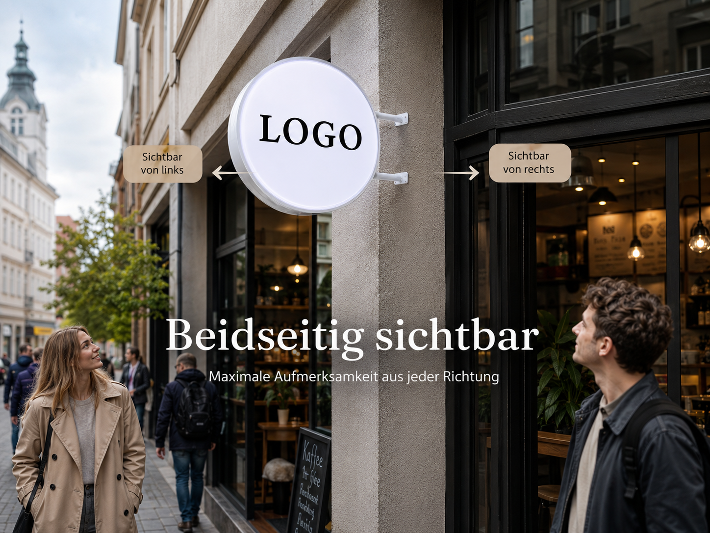 Rundes, doppelseitig leuchtendes Ladenschild mit dem Wort "LOGO", angebracht an einer Hauswand über einem Caféeingang, zwei Passanten schauen hinauf.