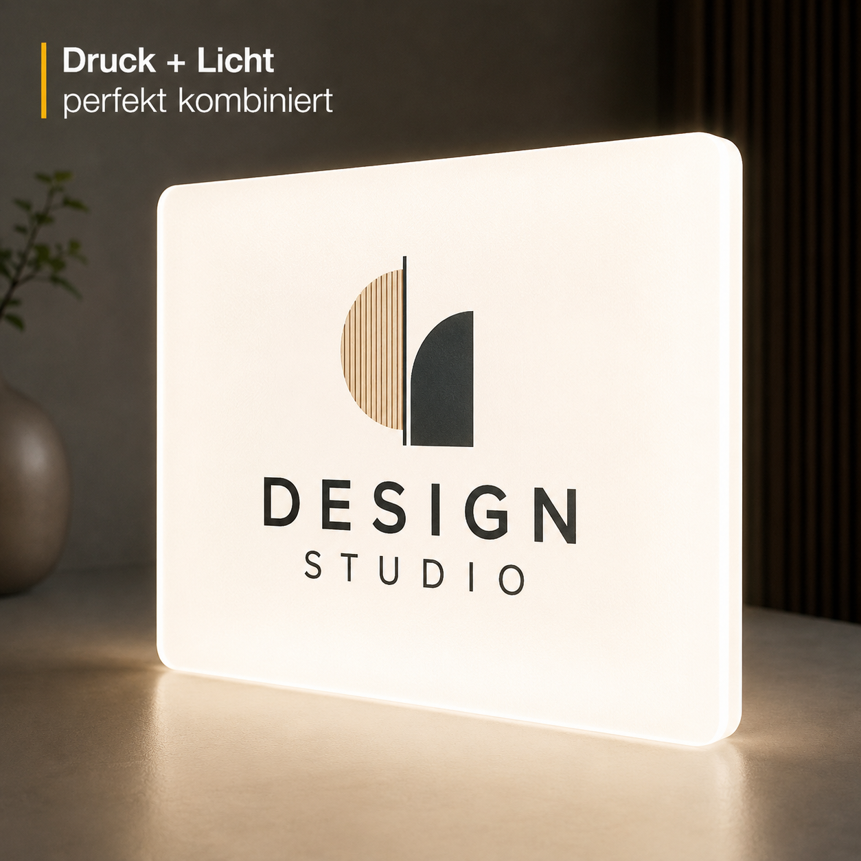Leuchtendes rechteckiges Schild mit minimalistischer Logo-Grafik und der Aufschrift „DESIGN STUDIO“, darüber Text „Druck + Licht perfekt kombiniert“.