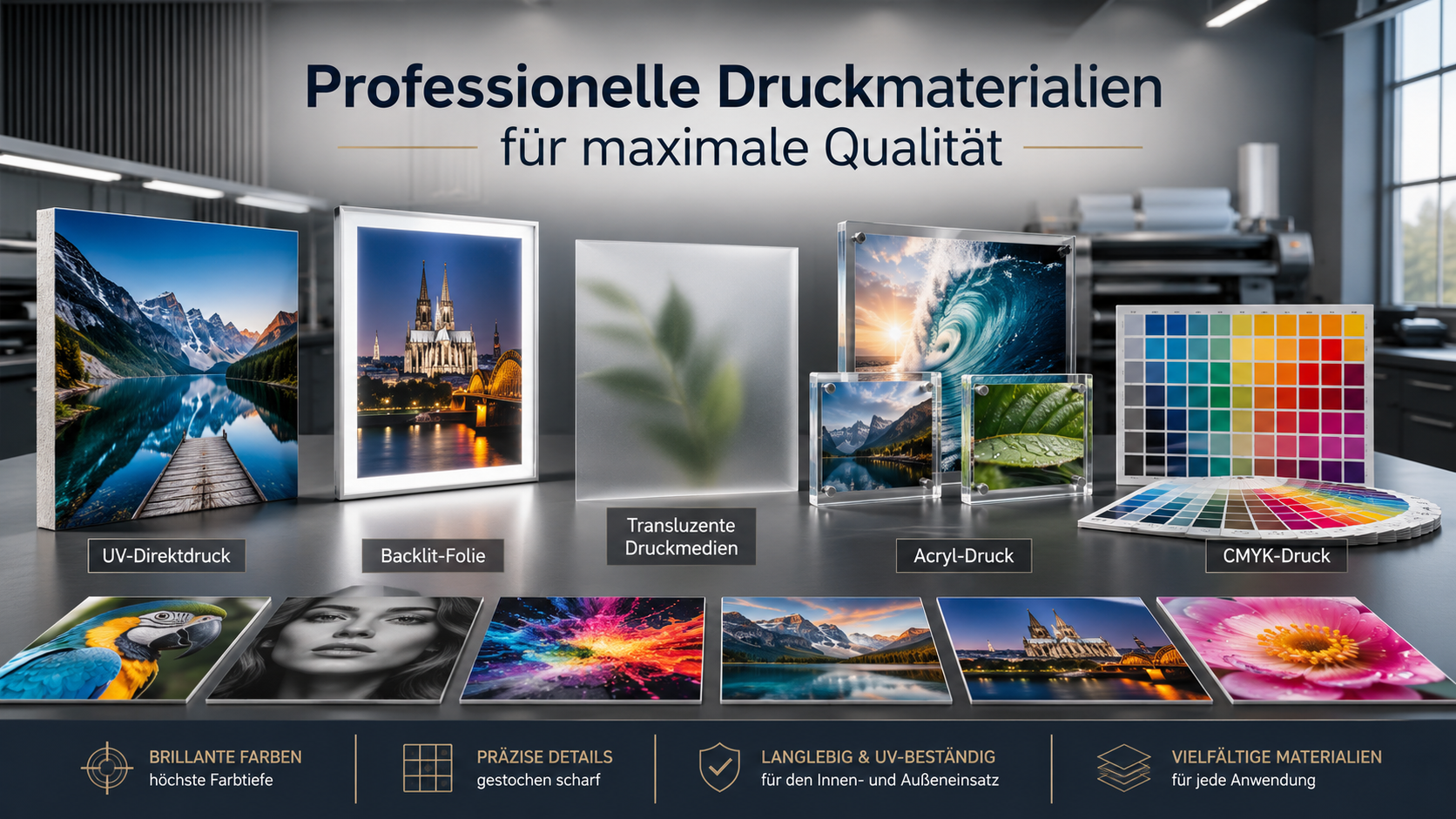 Werbetafel mit verschiedenen Druckmustern wie UV‑Direktdruck, Backlit‑Folie, transluzentes Medium, Acryldruck und CMYK‑Fächer vor Werkstattkulisse, Titeltext oben.