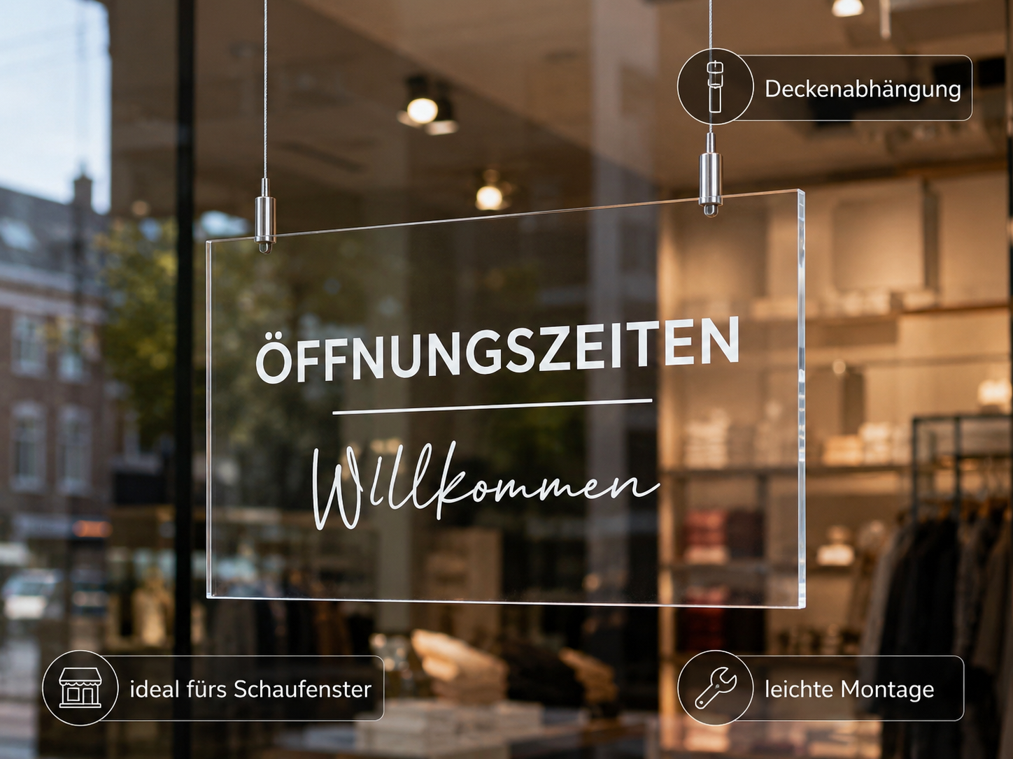 Hängeschild im Schaufenster mit „Öffnungszeiten“ und „Willkommen“, dazu Hinweis auf Deckenabhängung und leichte Montage