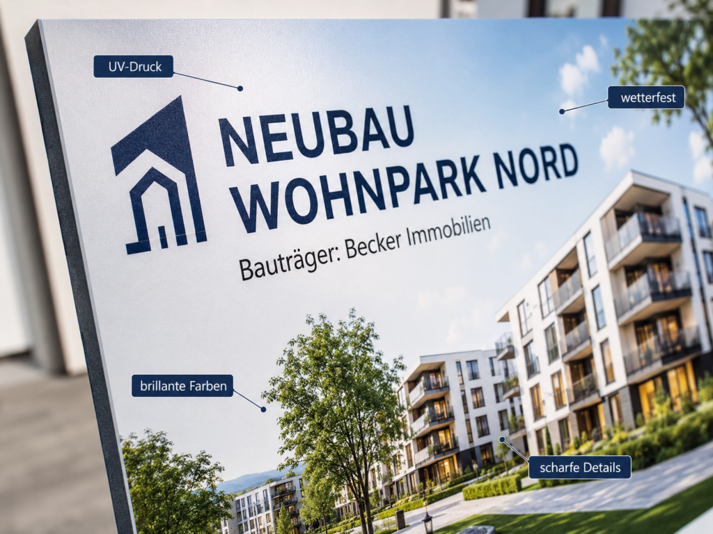 Werbetafel für Neubau Wohnpark Nord mit Logo, Bauträgerangabe, Wohnhaus-Rendering und Beschriftungen zu Druckeigenschaften.