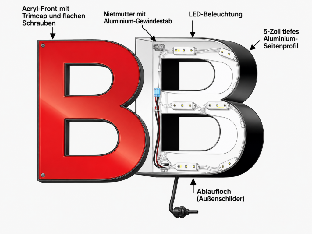 Technische Schnittgrafik eines roten und schwarzen Leuchtbuchstabens B mit beschrifteten Bauteilen und LED-Beleuchtung