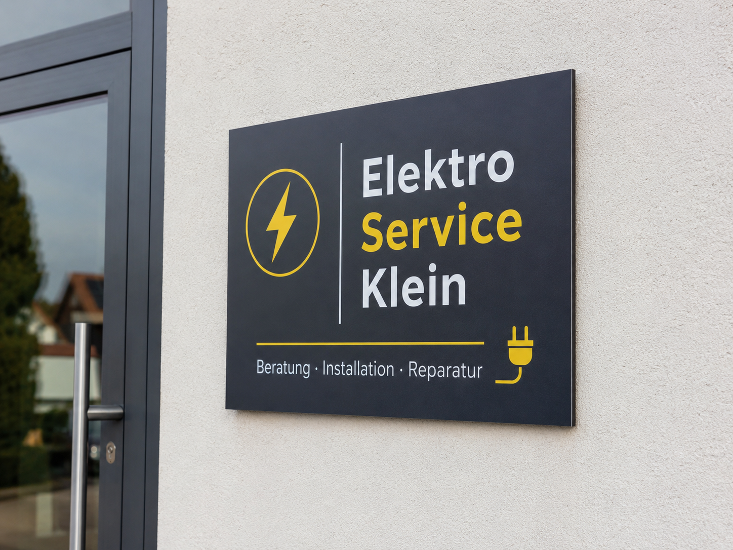 Schild an Hauswand mit Schrift "Elektro Service Klein", gelbem Blitzsymbol und den Wörtern Beratung · Installation · Reparatur.