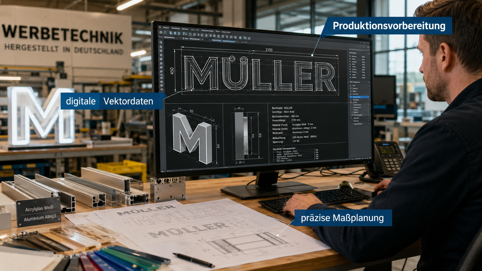 Mann am Schreibtisch in Werkstatt, am Monitor 3D-Vektorzeichnung des Schriftzugs "MÜLLER" und technische Pläne mit Aluminiumprofilen und Materialmustern.