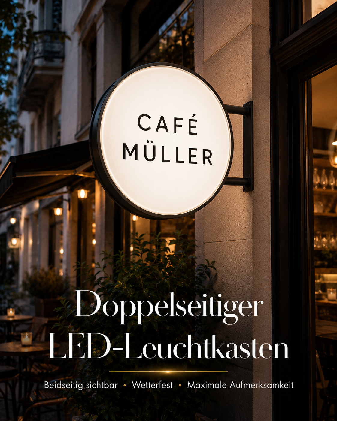 Rundes, leuchtendes Doppelseiten-Schild mit schwarzer Aufschrift "CAFÉ MÜLLER" an der Fassade eines abendlichen Straßencafés.