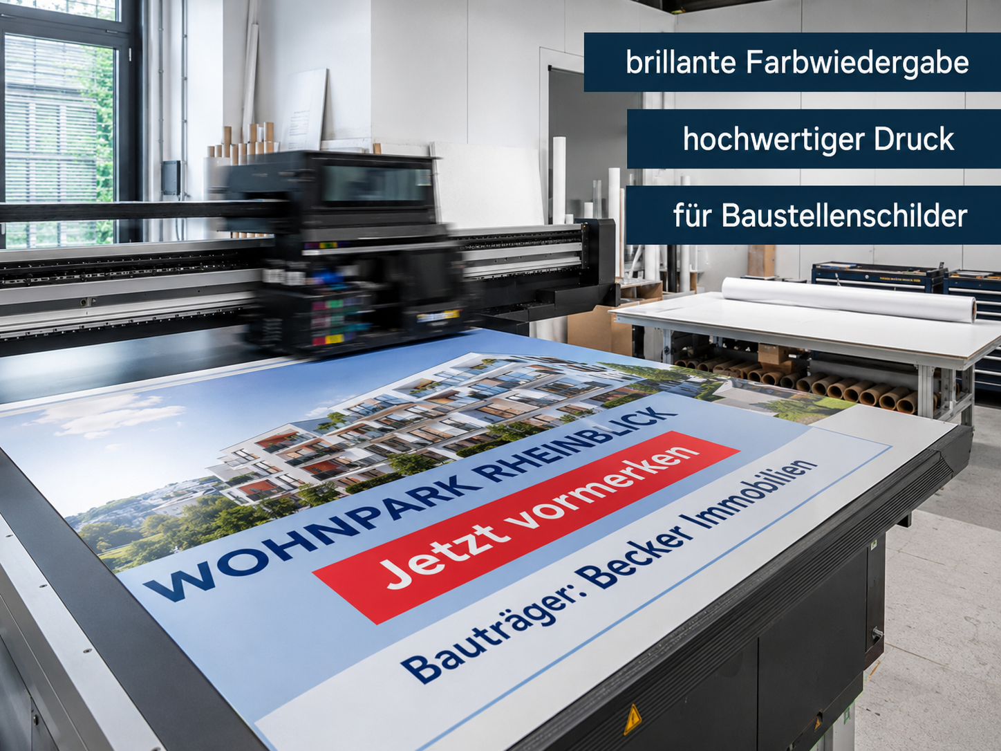 Großformatdrucker in Werkstatt druckt Werbeplakat für Wohnpark Rheinblick mit Text "Jetzt vormerken" und Informationsfeldern.