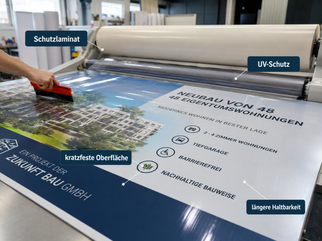 Hand einer Person, die mit einem Rakel Schutzlaminat auf eine große Werbebanner-Bahn mit Wohnungsangebot und Icons glattstreicht, Druckmaschine im Hintergrund.