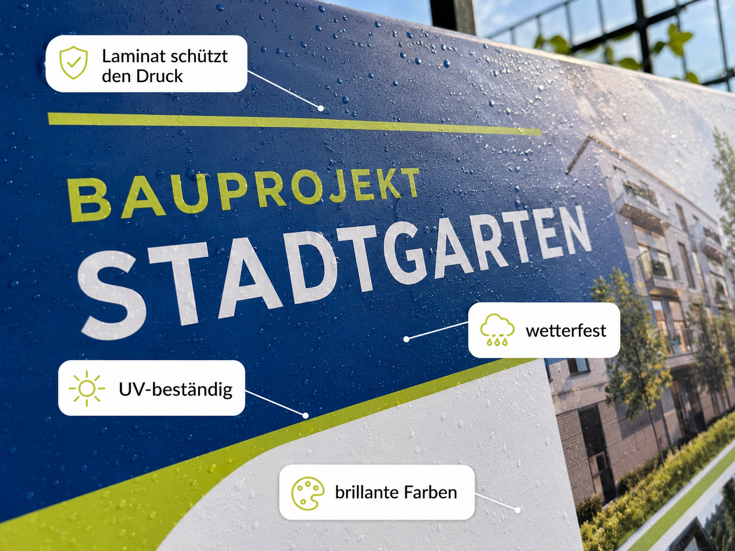Werbetafel mit Regentropfen für Wohnprojekt "STADTGARTEN", Icons und Texten: Laminat schützt den Druck, UV-beständig, wetterfest, brillante Farben.