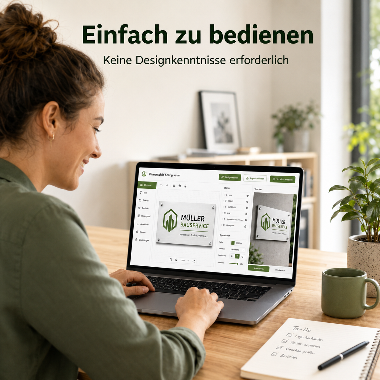 Frau sitzt am Schreibtisch und gestaltet auf einem Laptop ein Firmenschild mit Logo "Müller Bauservice", Notizblock und Kaffeetasse daneben.