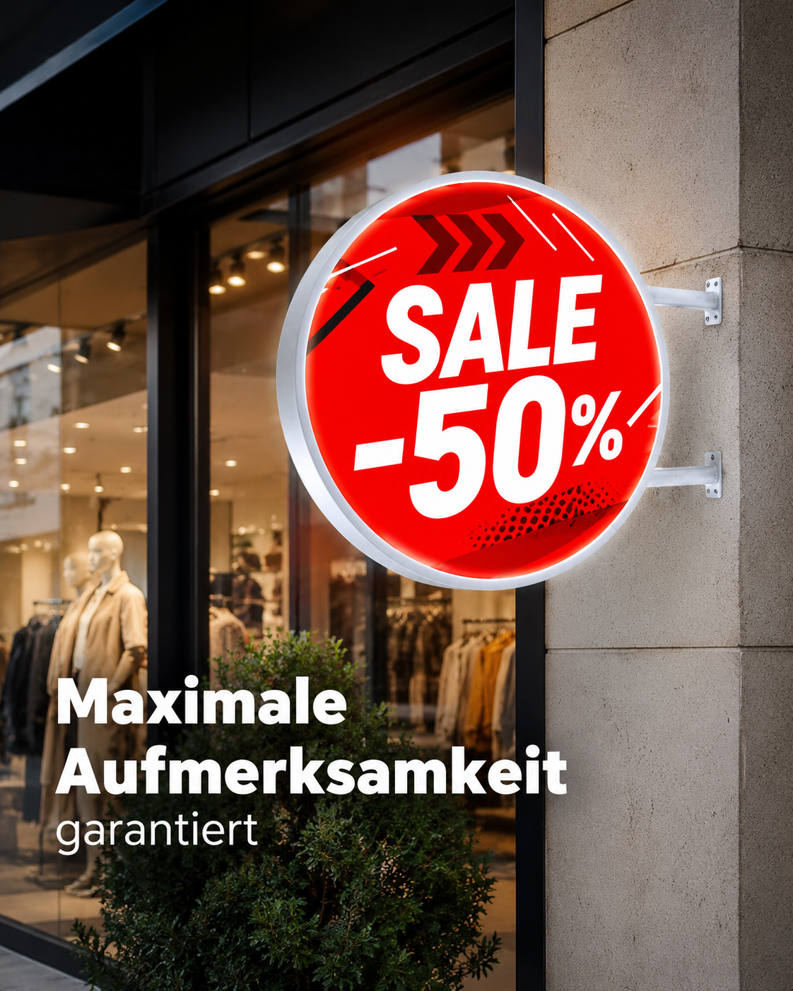 Rundes, leuchtend rotes Laden-Schild mit großer weißer Aufschrift "SALE -50%" an einer Schaufensterfassade.