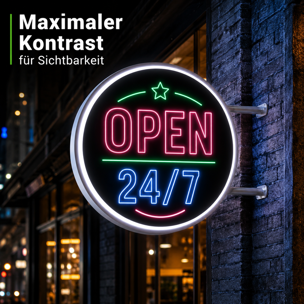 Rundes Neon-Schild an Außenwand mit leuchtendem Schriftzug "OPEN 24/7" in Pink, Blau und Grün, Stadtstraße im Hintergrund und Text "Maximaler Kontrast für Sichtbarkeit" oben links.