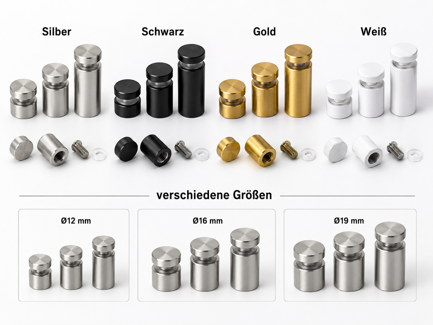 Produktübersicht von zylindrischen Abstandshaltern in Silber, Schwarz, Gold und Weiß sowie in den Größen Ø12, Ø16 und Ø19 mm