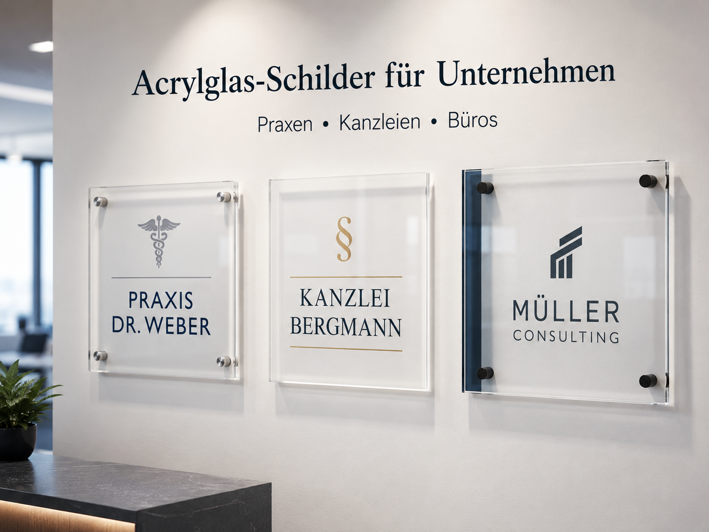 Acrylglasschilder für Unternehmen mit den Beschriftungen Praxis Dr. Weber, Kanzlei Bergmann und Müller Consulting