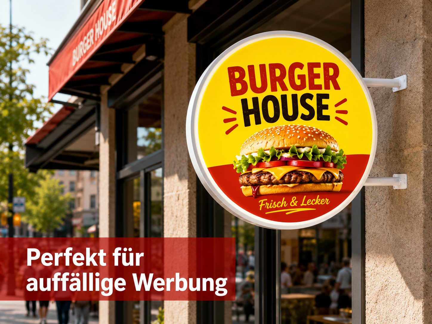 Rundes, gelb-rotes Leuchtschild mit großem Cheeseburger und Schriftzug "BURGER HOUSE" über dem Slogan "Frisch & Lecker" an einer Ladenfassade.