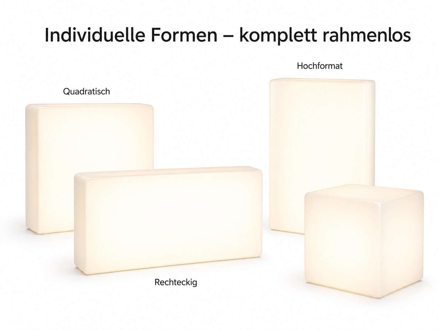 Vier rahmenlose, leuchtende Polsterformen in Cremefarben: quadratisch, hochformat, rechteckig und ein Würfel, vor weißem Hintergrund.