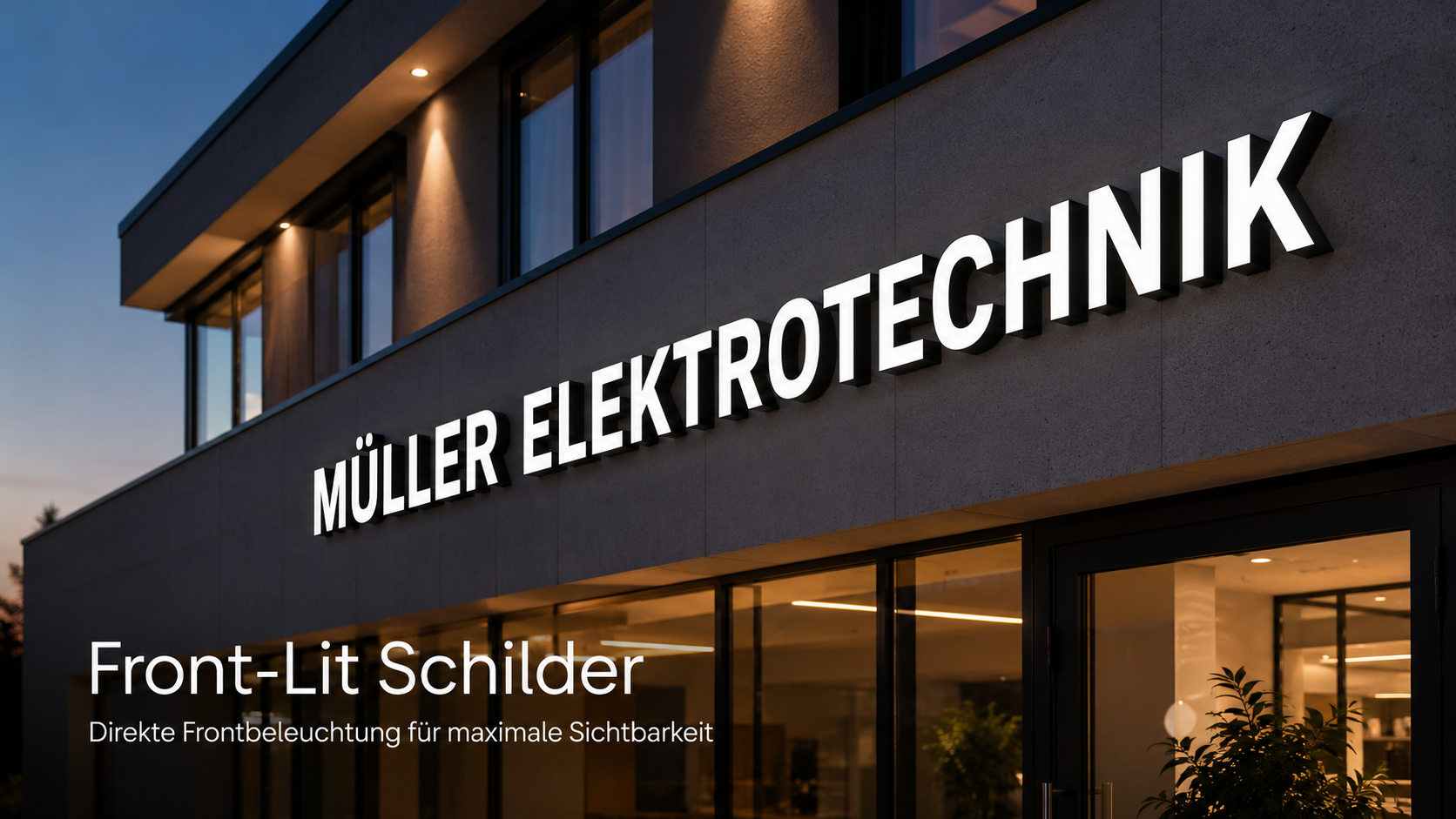 Leuchtende 3D-Fassadenbuchstaben "MÜLLER ELEKTROTECHNIK" an modernem Gebäude, Abendstimmung mit beleuchteter Glasfront und Pflanzen.