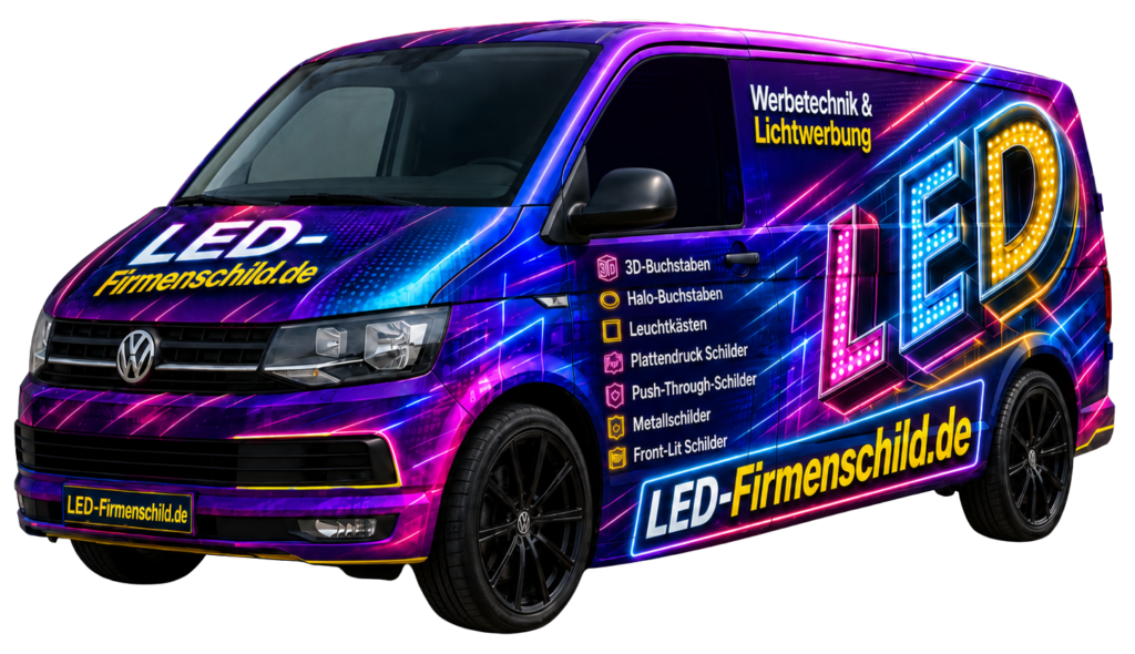 Bunter Lieferwagen mit auffälliger LED-Werbegrafik, großer Schriftzug „LED“ und Text „LED-Firmenschild.de“ sowie Aufzählung von Werbetechniken auf der Seite.
