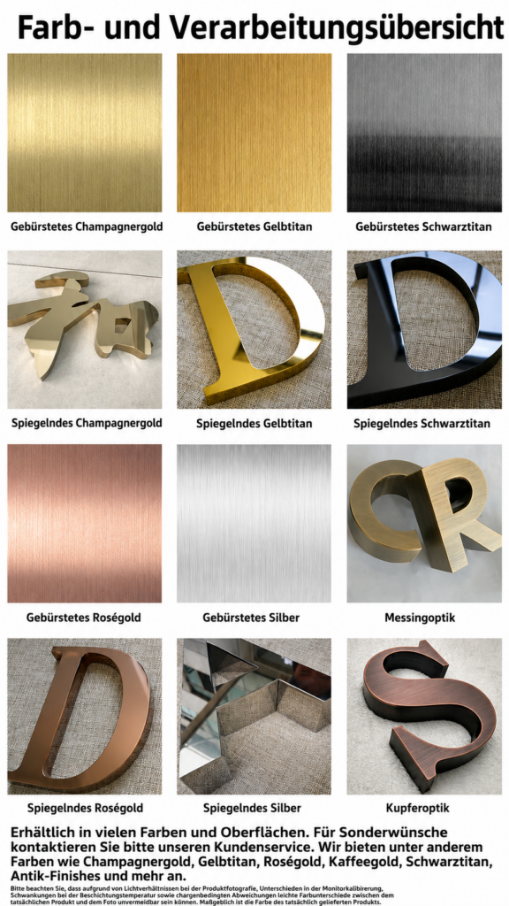 Übersicht verschiedener Metallfarben und Oberflächen mit Beispielen: gebürstet, spiegelnd, Messing- und Kupferoptik