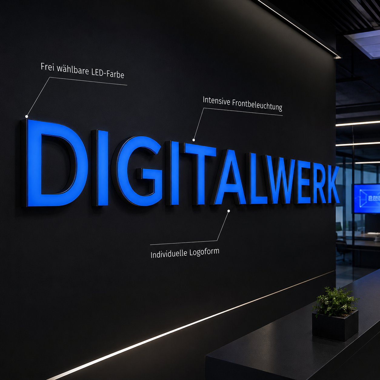 Großes blau beleuchtetes 3D-Logo „DIGITALWERK“ an schwarzer Wand mit erklärenden Pfeilen und modernem Büro im Hintergrund.